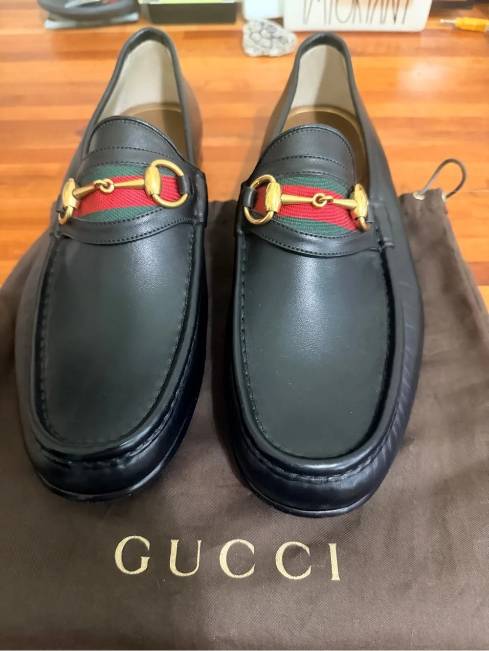 Gucci Black Leather Como Loafers with Red-Green Web & Gold Horsebit